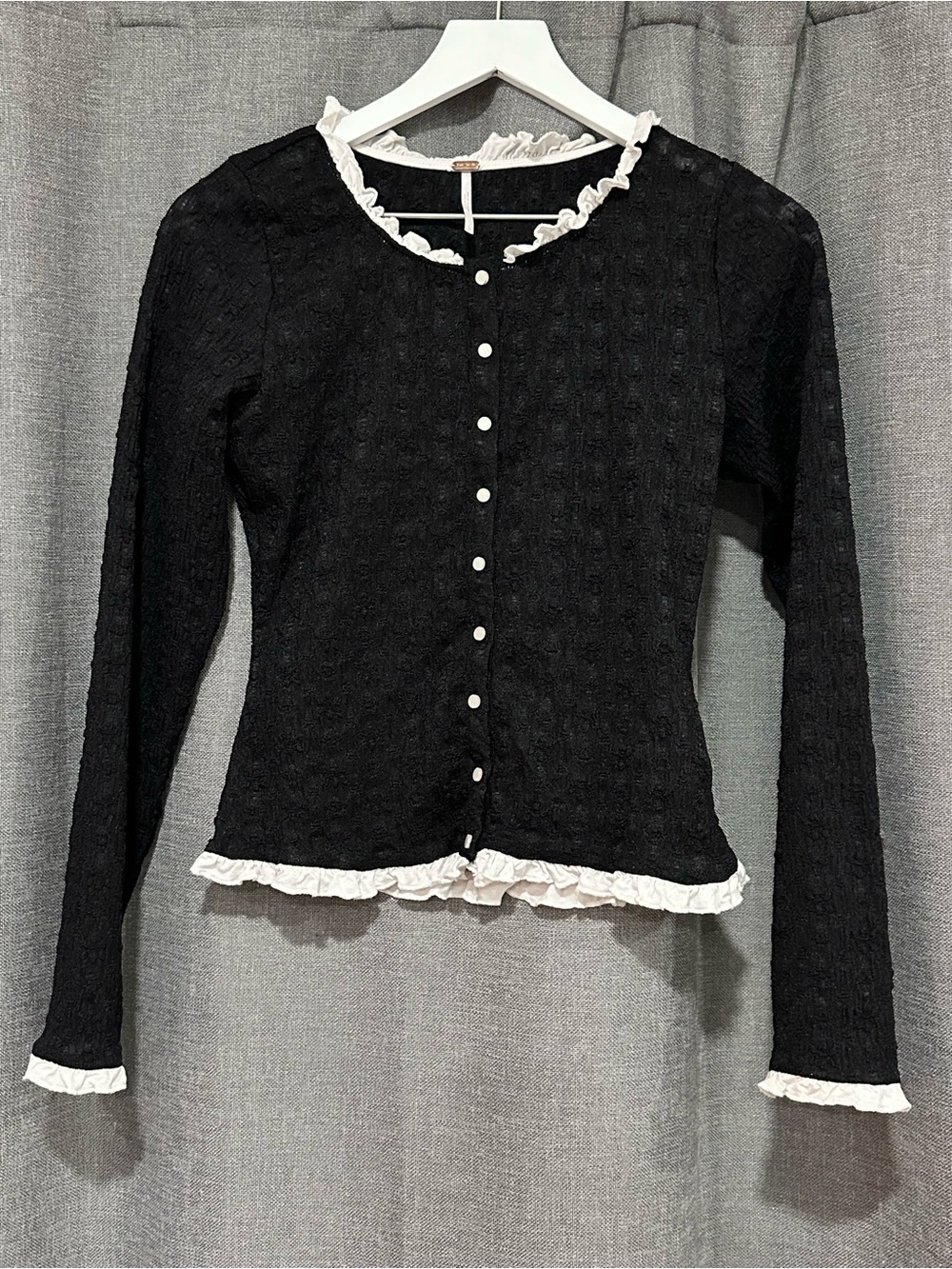 Free People Black Long Sleeve Button Cardigan with White Ruffle Trim